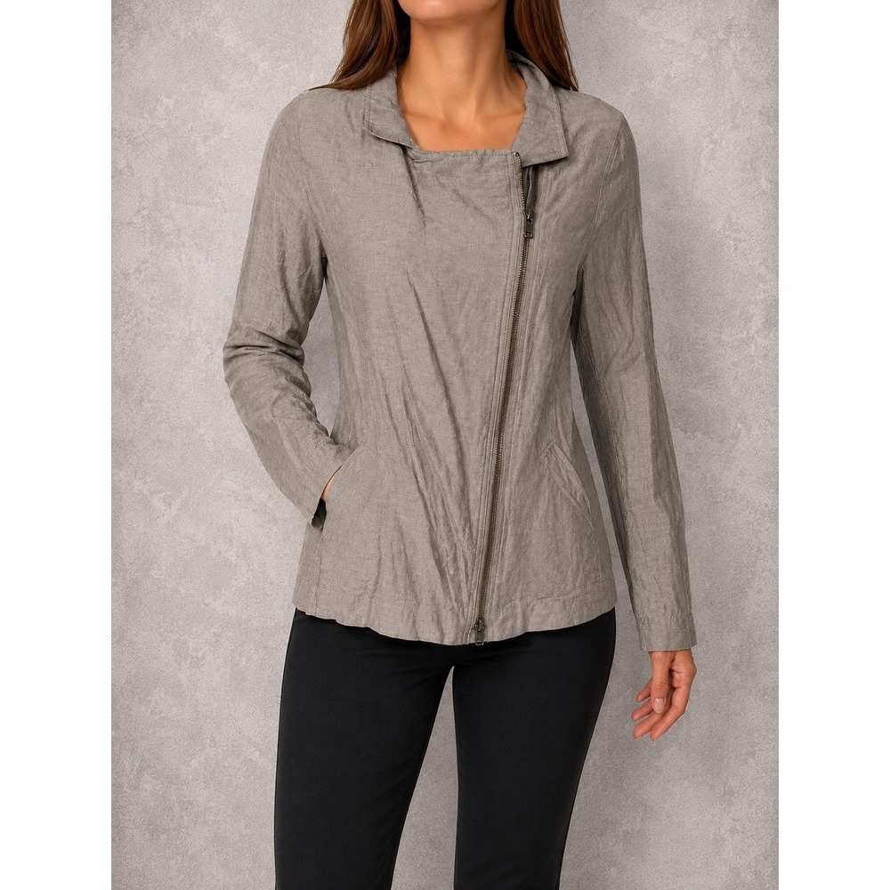 Eileen Fisher Asymmetrical Zip Jacket Womens Small Brown Crinkle Textured Moto